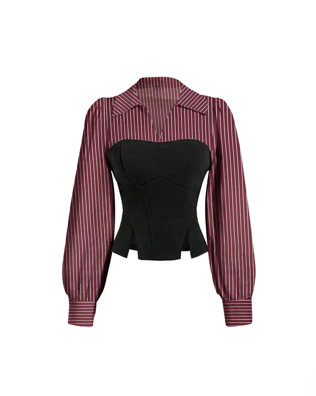 Sweetheart Neck Slim Fit Peplum Hem Striped Lantern Sleeve Regular Top