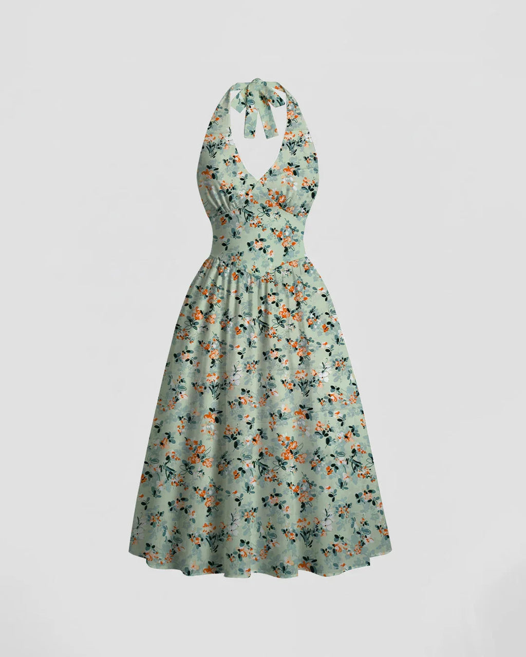 Casual Halter Neck Slim Fit Flared Hem Floral Sleeveless Midi Dress