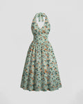 Casual Halter Neck Slim Fit Flared Hem Floral Sleeveless Midi Dress