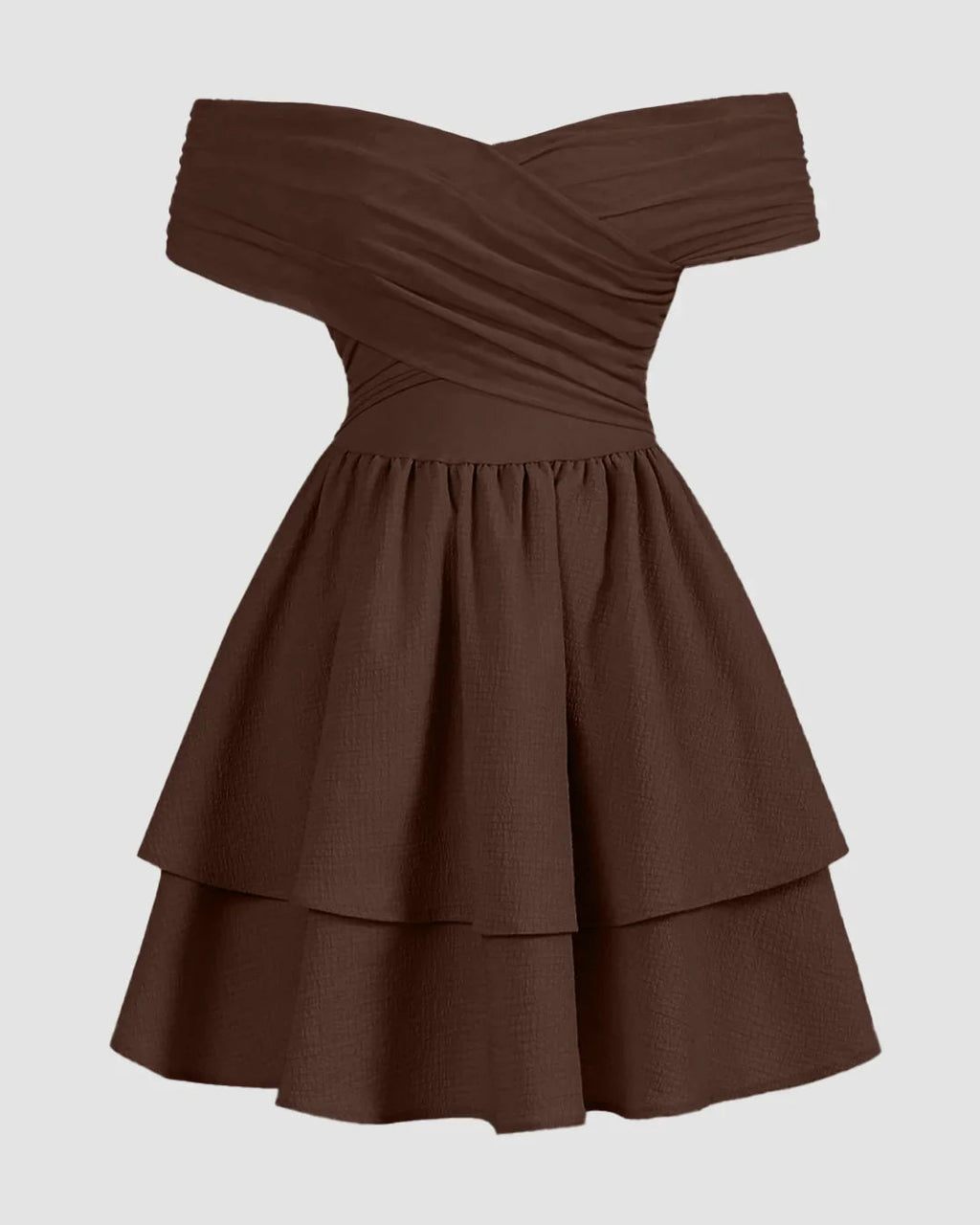 Off-Shoulder Crossover Wrap Mini Dress in Coco