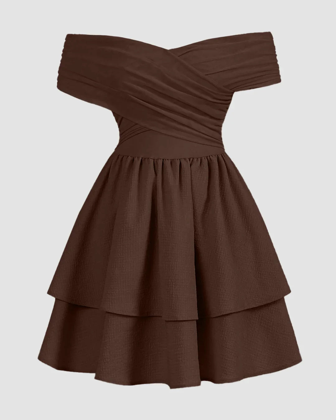 Off-Shoulder Crossover Wrap Mini Dress in Coco