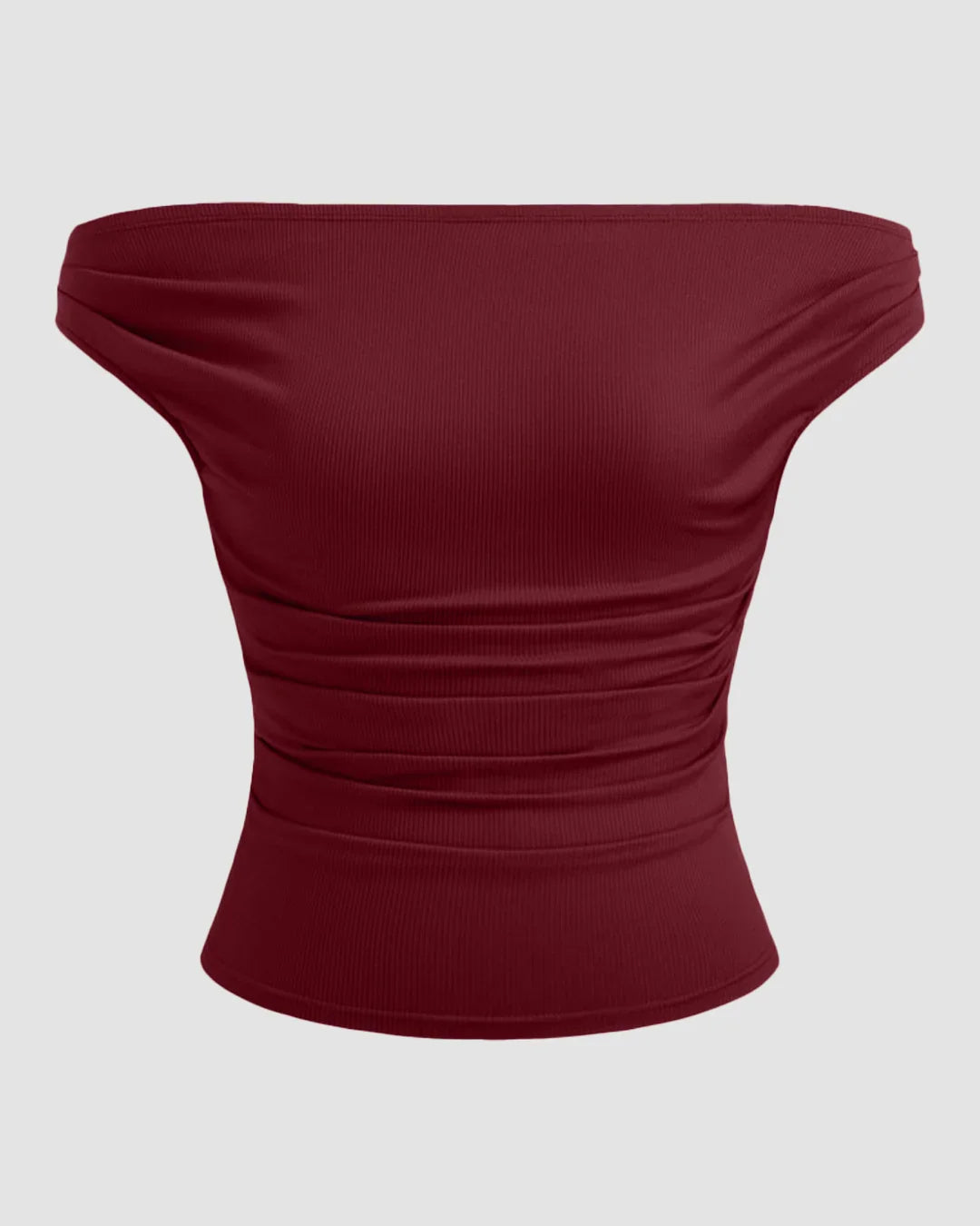 Off-shoulder Ruched Short Sleeve Top in Maroon