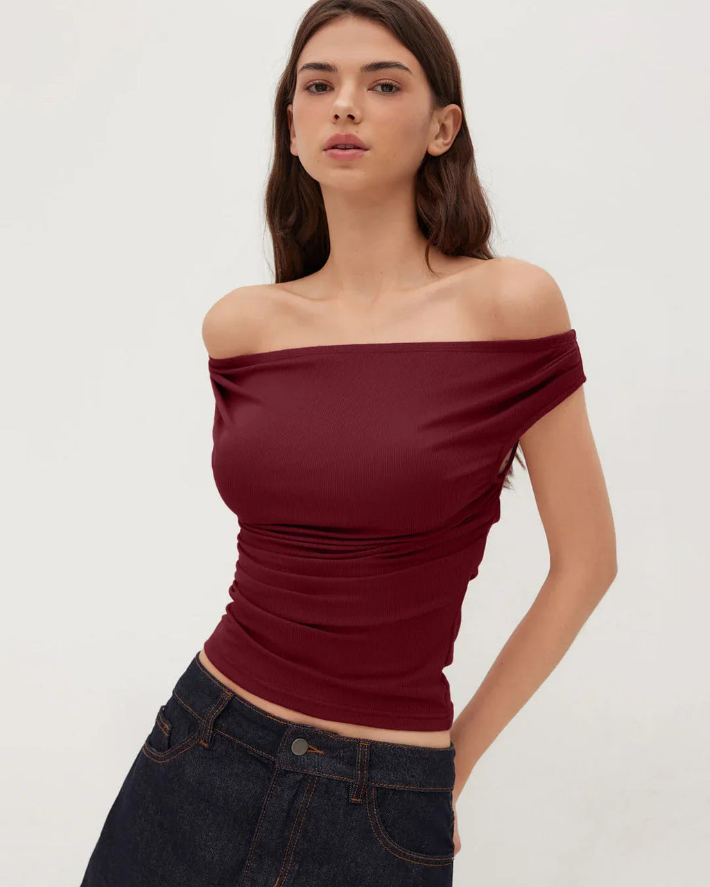 Off-shoulder Ruched Short Sleeve Top in Maroon
