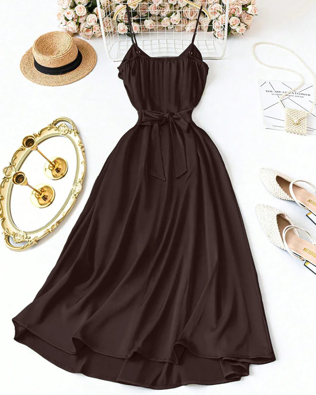 Solid Color Satin Spaghetti Strap Bowknot Elegant Dress Curve & Plus in Coffee