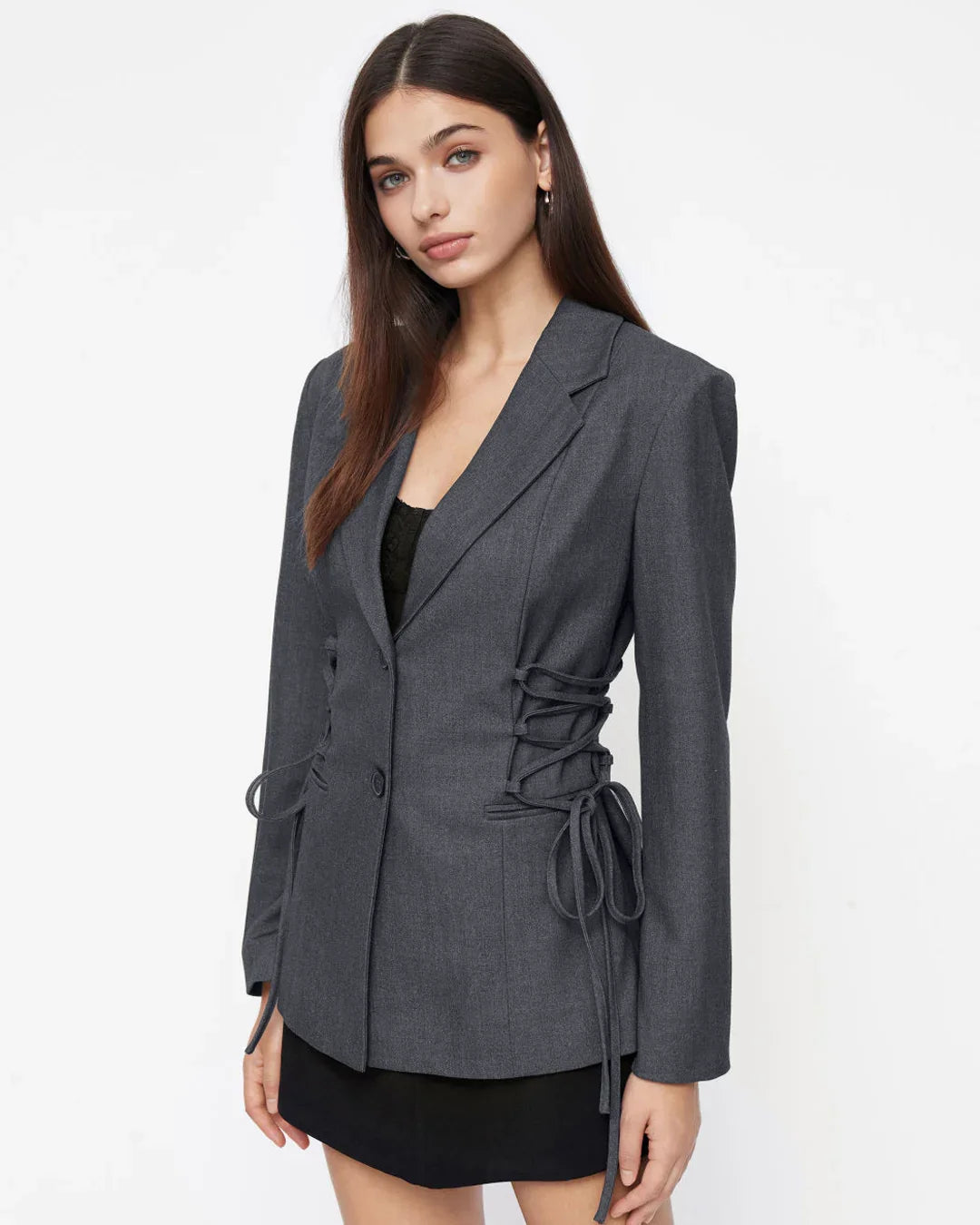 Notch Collar Size Tie Button Oversized Blazer in Dark Grey