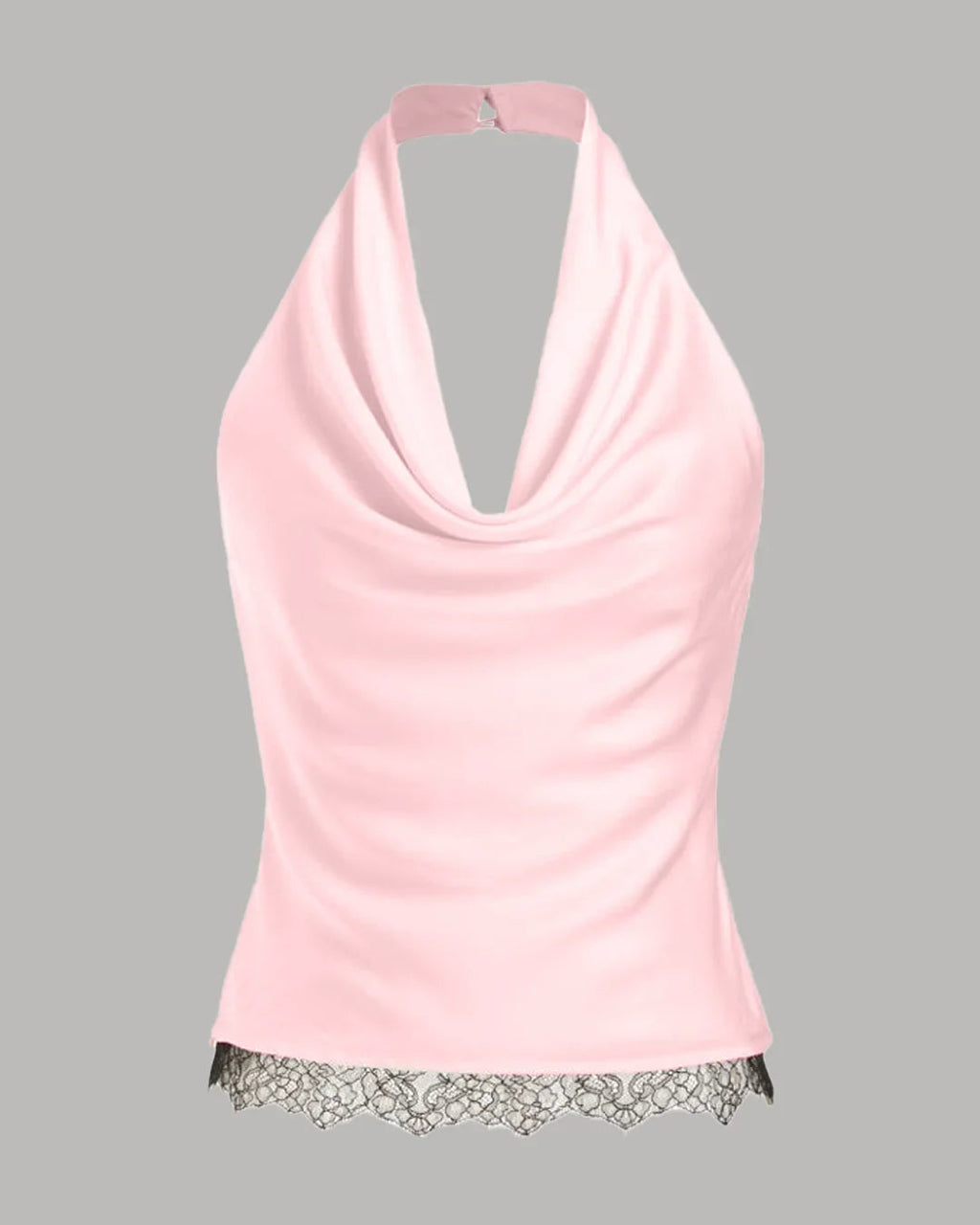 Satin Halter Neck Lace Trim Ruched Top in Cherry Blossom
