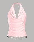 Satin Halter Neck Lace Trim Ruched Top in Cherry Blossom