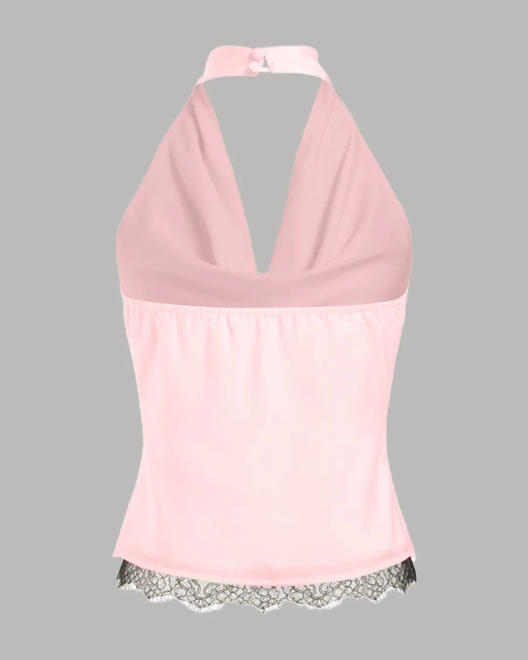 Satin Halter Neck Lace Trim Ruched Top in Cherry Blossom
