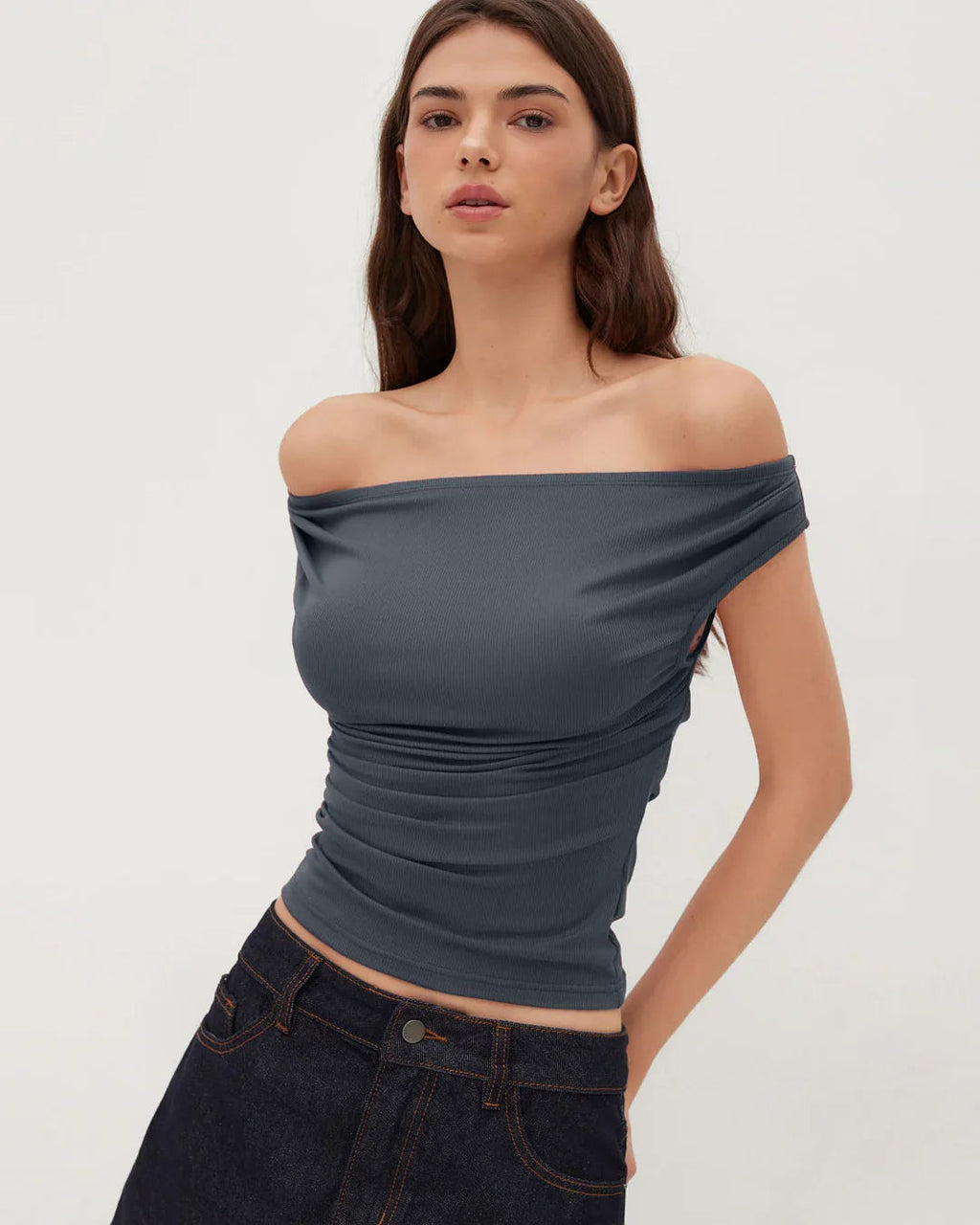 Off-shoulder Ruched Short Sleeve Top in Dark Grey