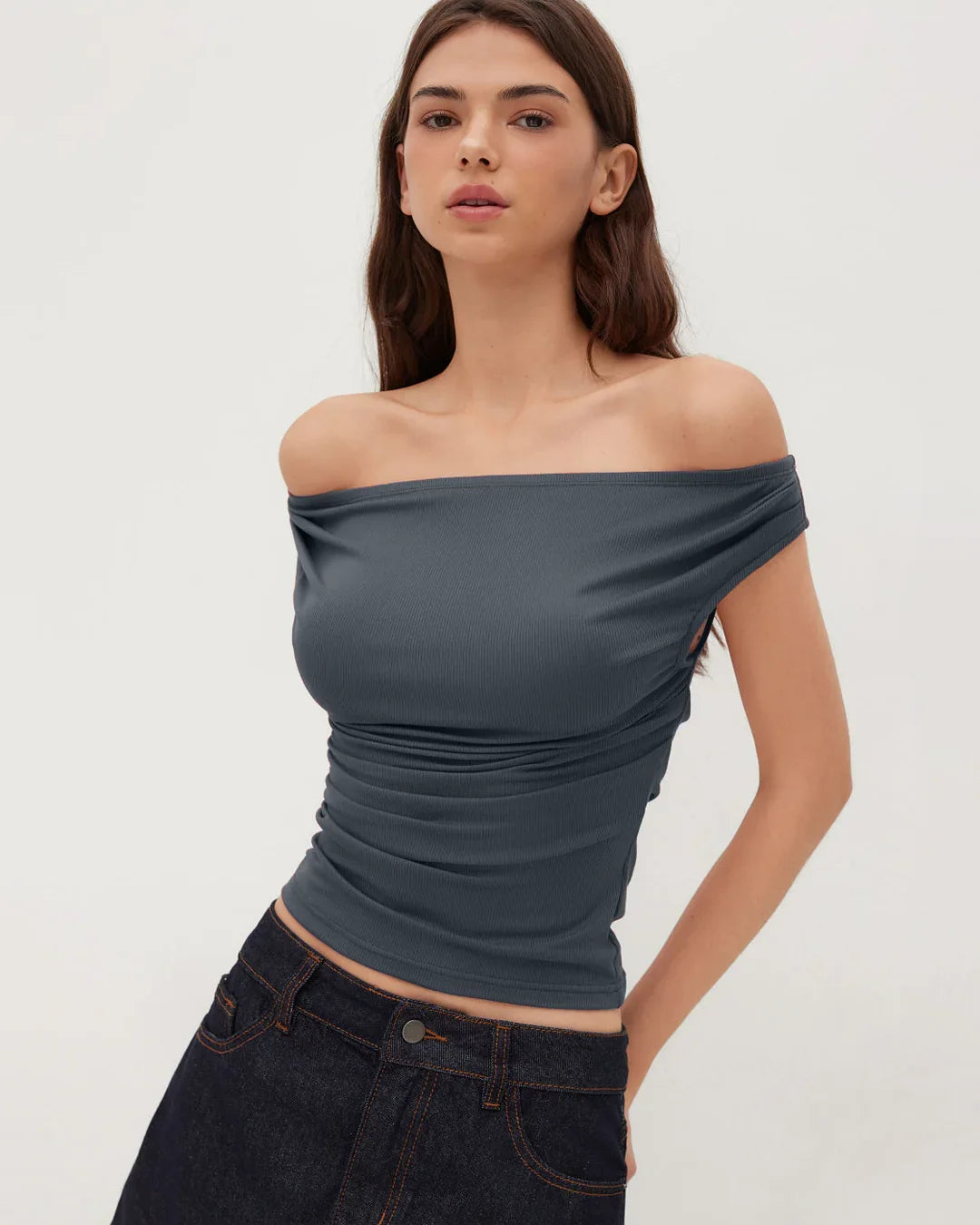 Off-shoulder Ruched Short Sleeve Top in Dark Grey