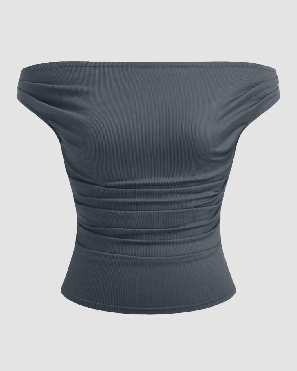 Off-shoulder Ruched Short Sleeve Top in Dark Grey