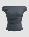Off-shoulder Ruched Short Sleeve Top in Dark Grey