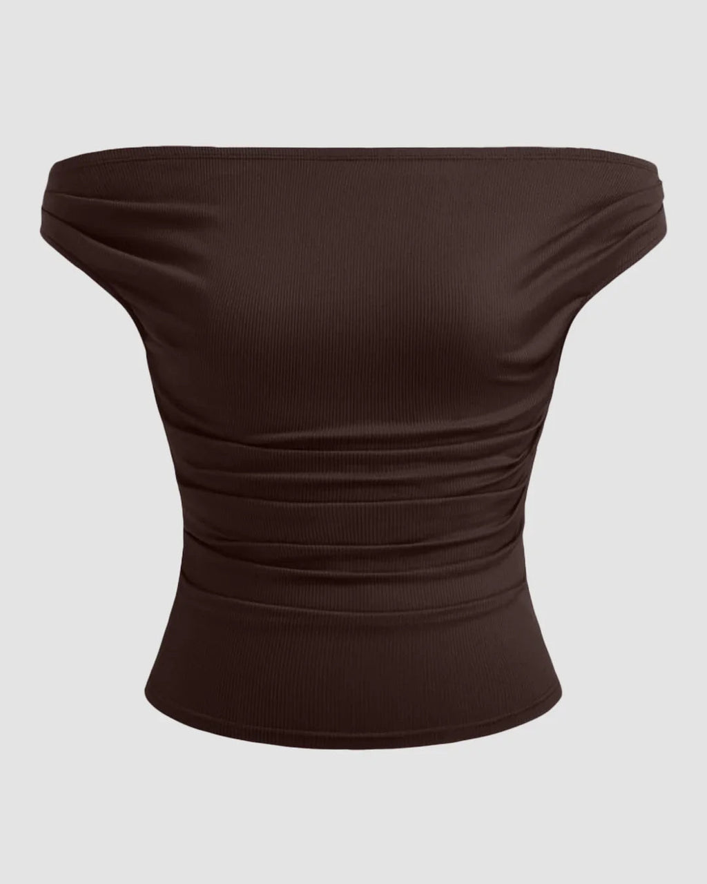 Off-shoulder Ruched Short Sleeve Top in Chocolate
