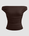 Off-shoulder Ruched Short Sleeve Top in Chocolate
