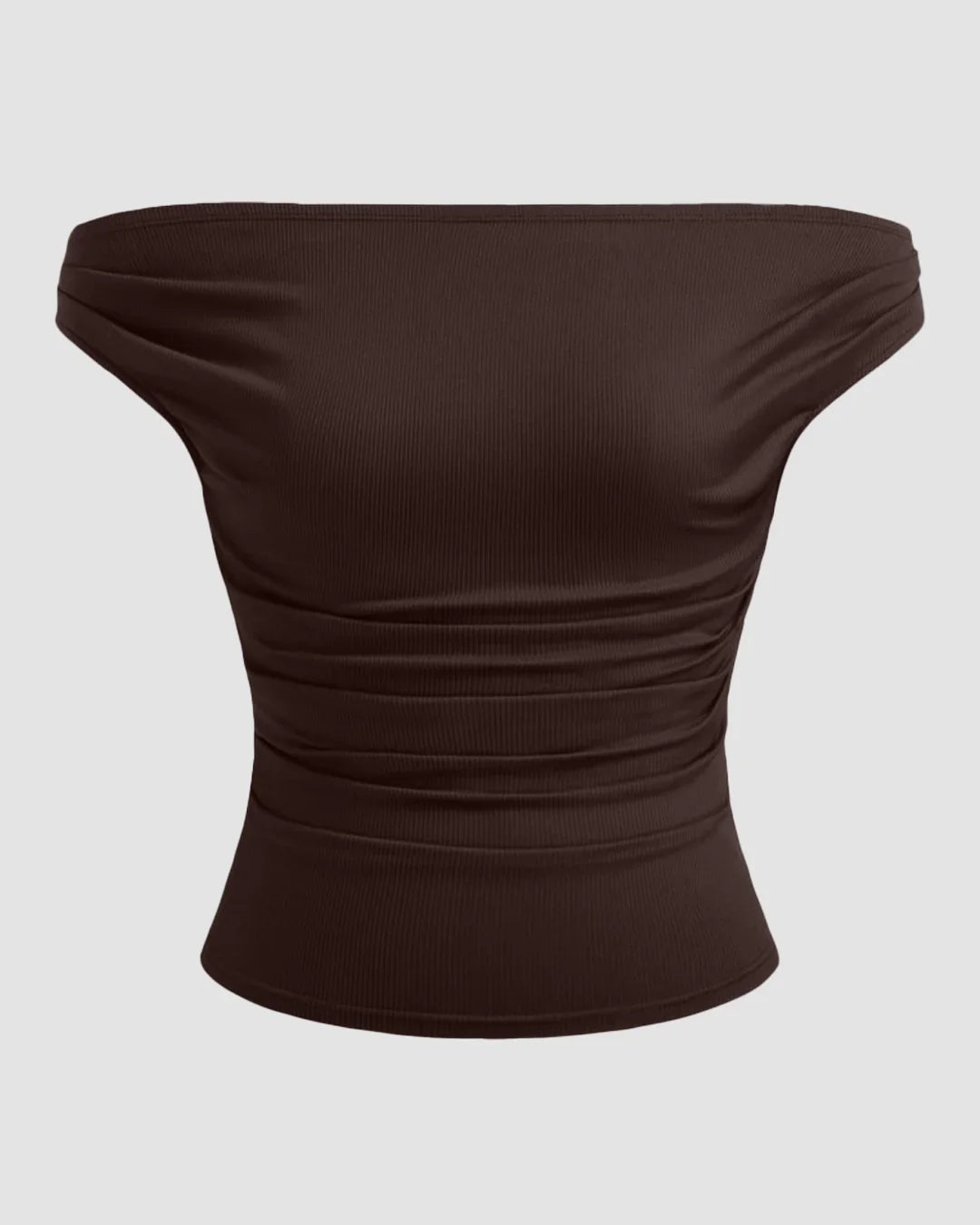 Off-shoulder Ruched Short Sleeve Top in Chocolate