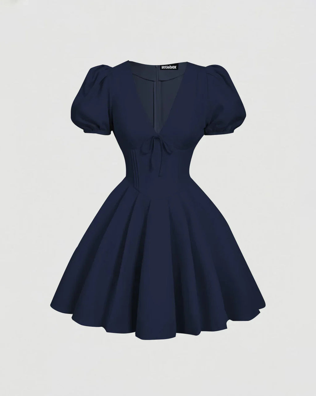 Navy Blue Puff Sleeve V-Neck Bow Boho Fit & Flare Mini Dress