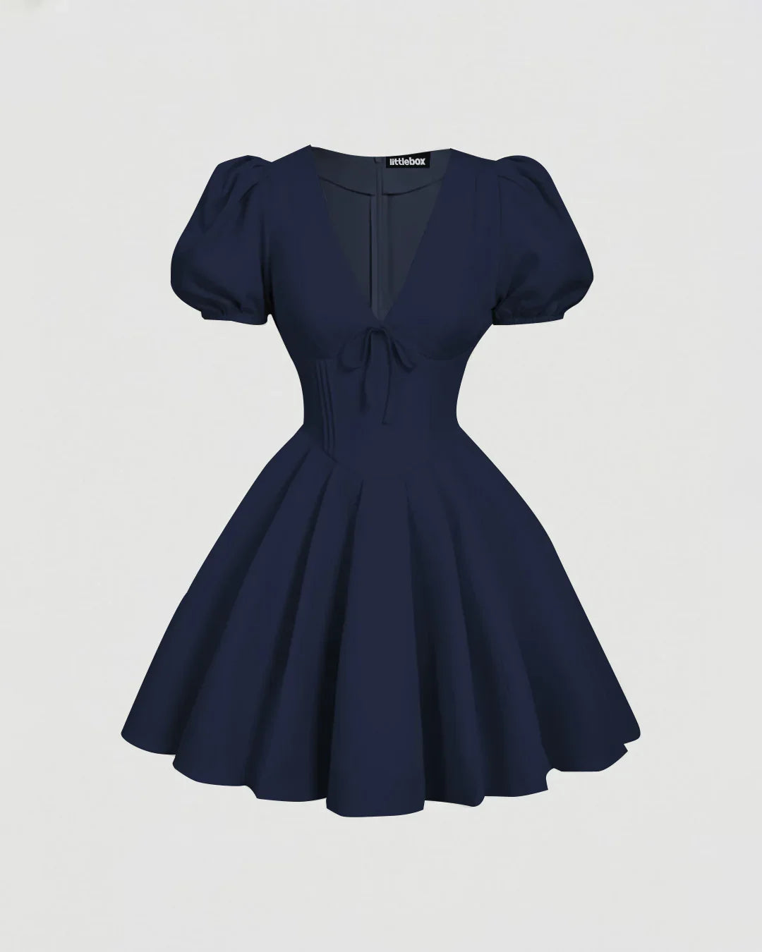 Navy Blue Puff Sleeve V-Neck Bow Boho Fit & Flare Mini Dress