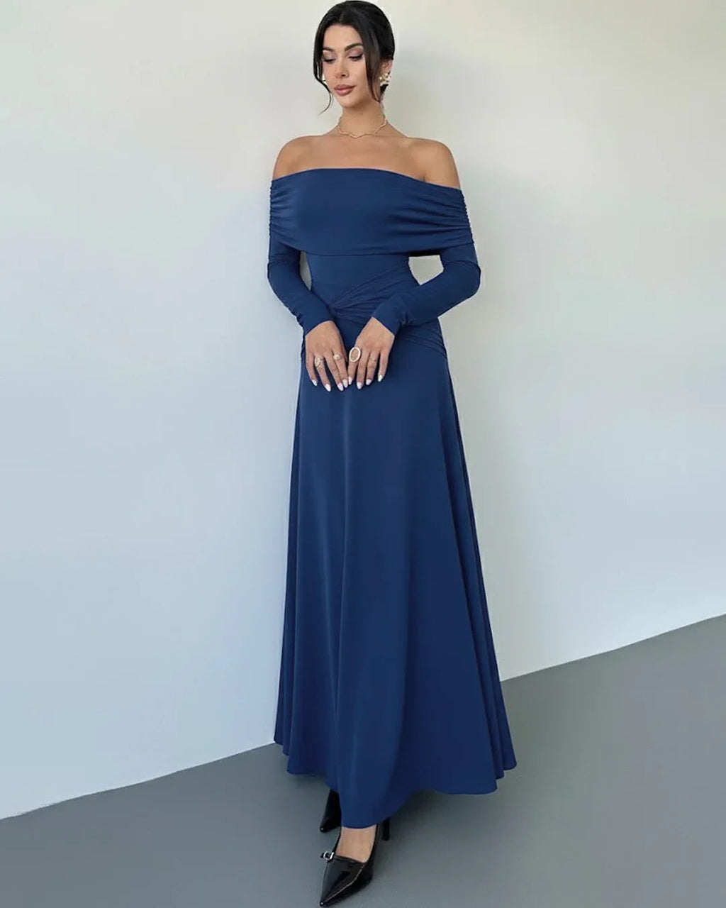 Blue Off-Shoulder Ruched Waist A-Line Twist Maxi Dress