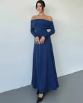 Blue Off-Shoulder Ruched Waist A-Line Twist Maxi Dress