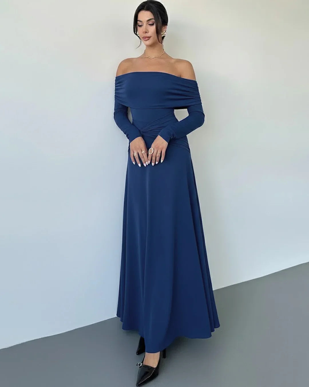 Blue Off-Shoulder Ruched Waist A-Line Twist Maxi Dress