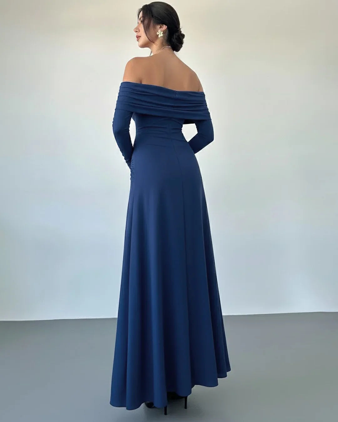 Blue Off-Shoulder Ruched Waist A-Line Twist Maxi Dress