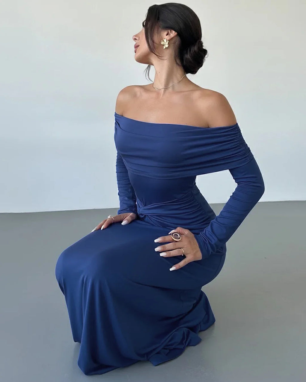 Blue Off-Shoulder Ruched Waist A-Line Twist Maxi Dress
