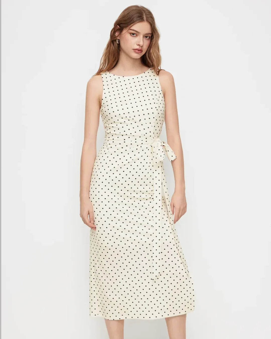 Polka Dot Boat Neck Tie Side Split Midi Dress