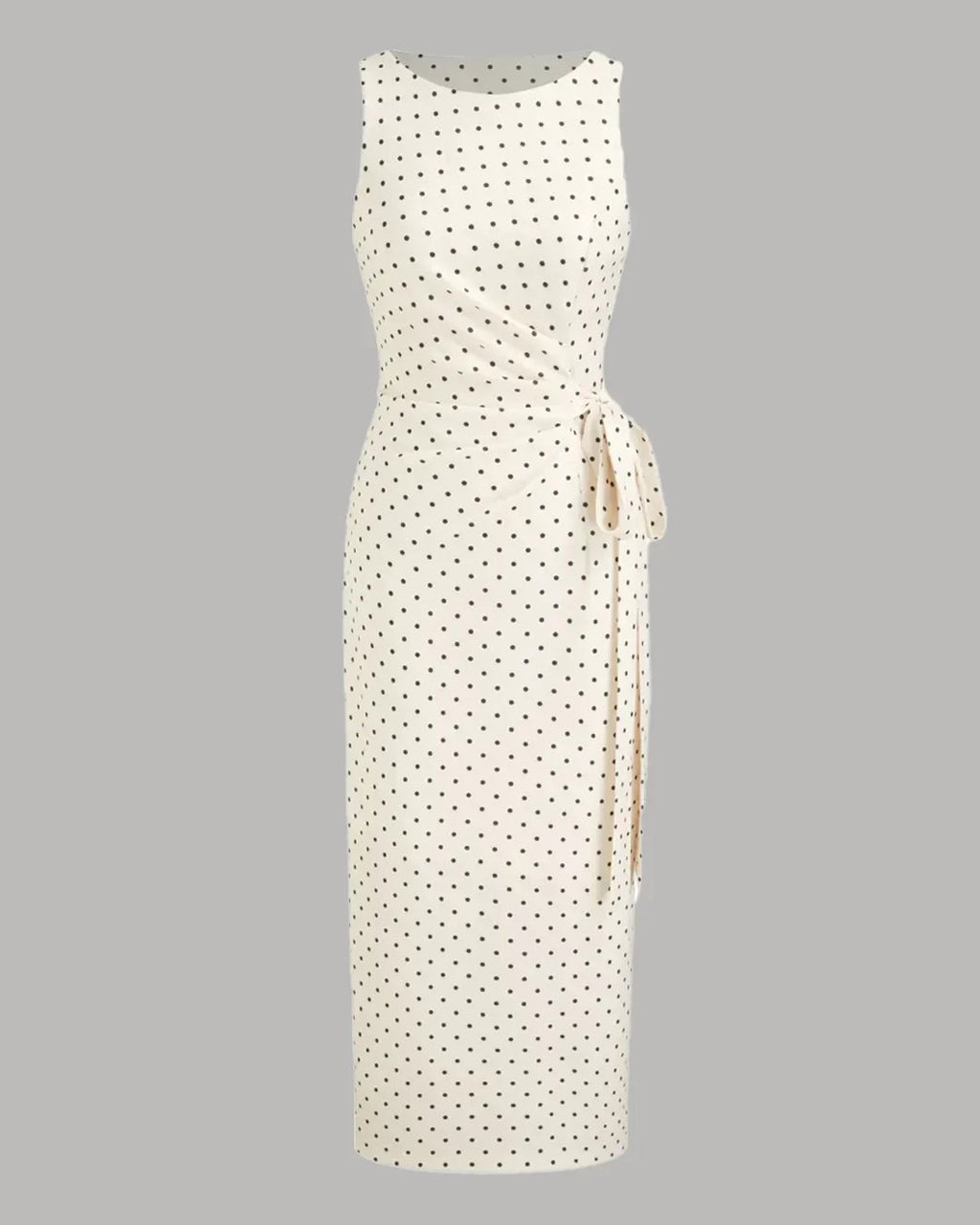 Polka Dot Boat Neck Tie Side Split Midi Dress