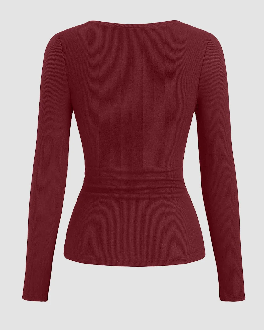 Round Neck Slim-Fit Straight Hem Solid Long Sleeve Top in Maroon