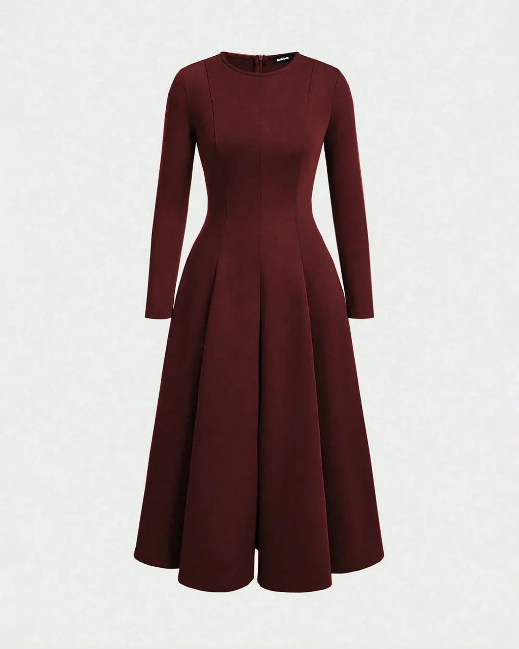 Round Neck Fit & Flare Solid Long Sleeve Midi Dress in Merlot