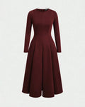 Round Neck Fit & Flare Solid Long Sleeve Midi Dress in Merlot