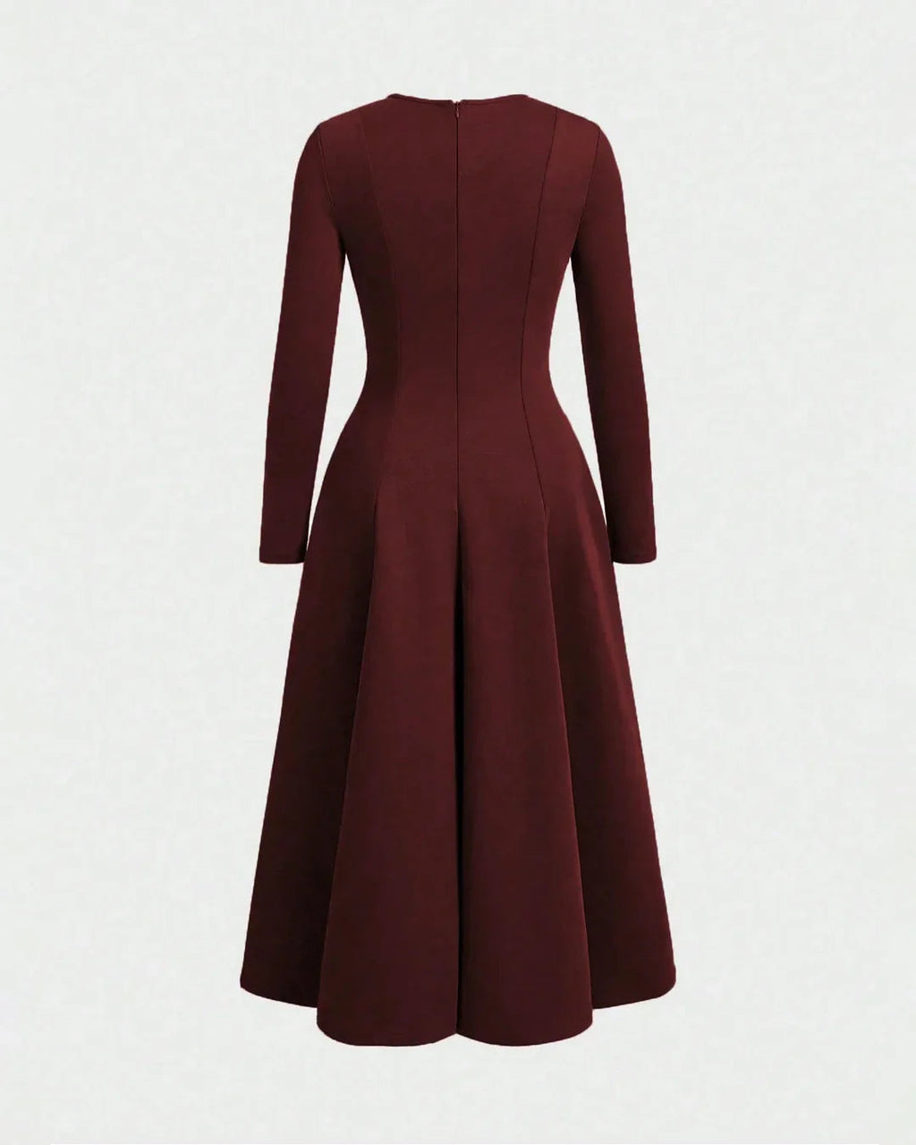 Round Neck Fit & Flare Solid Long Sleeve Midi Dress in Merlot