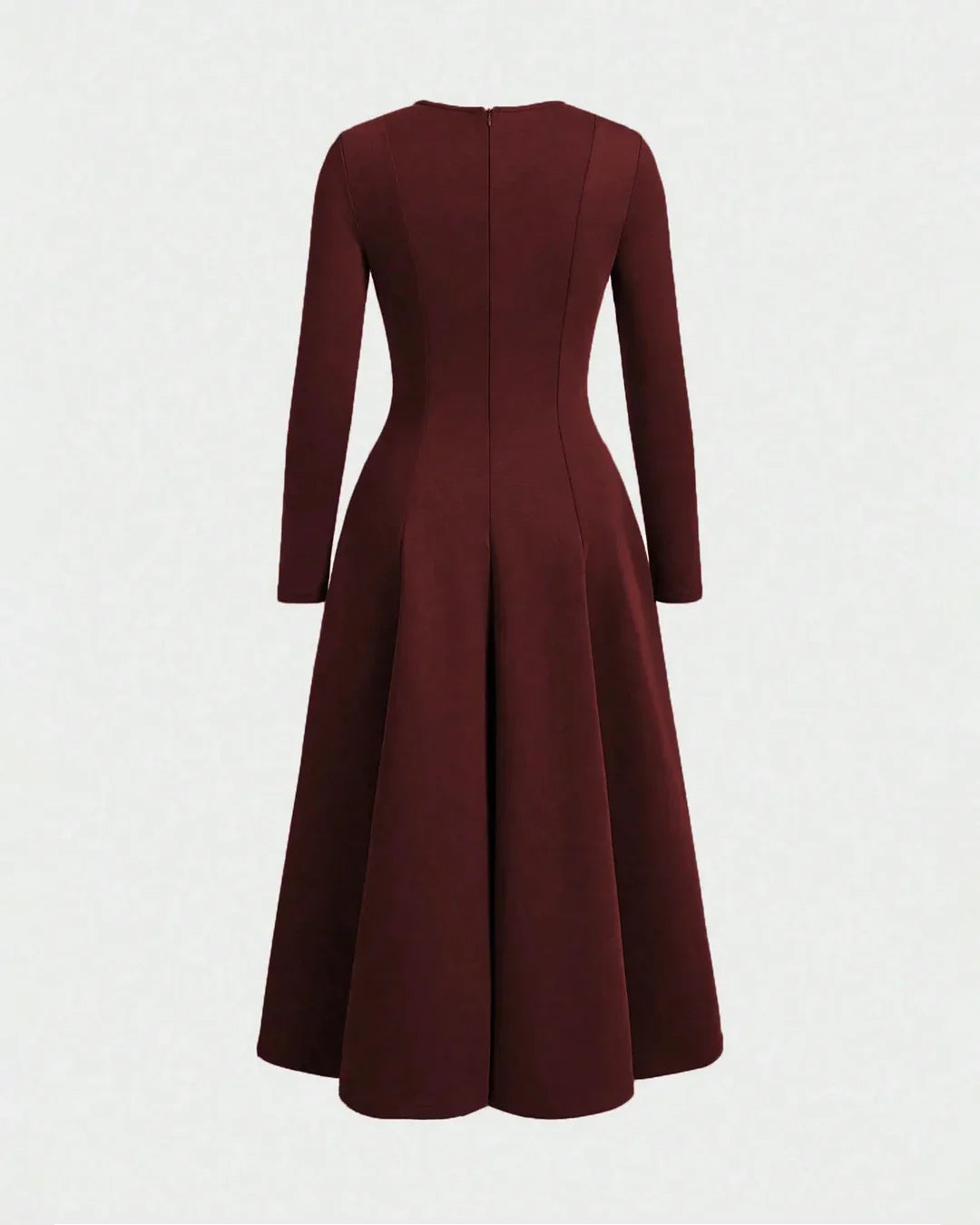 Round Neck Fit & Flare Solid Long Sleeve Midi Dress in Merlot