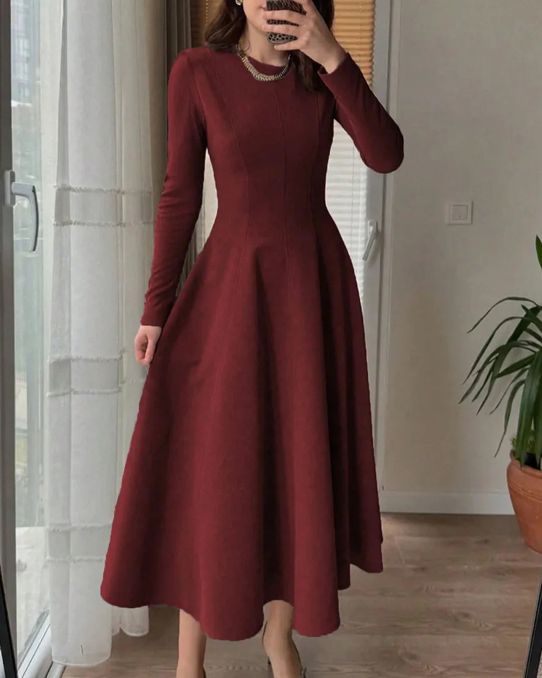 Round Neck Fit & Flare Solid Long Sleeve Midi Dress in Merlot