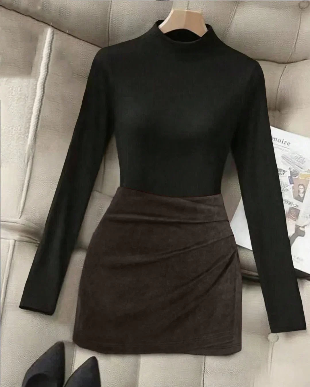 Solid Collar Long Sleeve Fitted Top & Midi Skirt Two-Piece Set