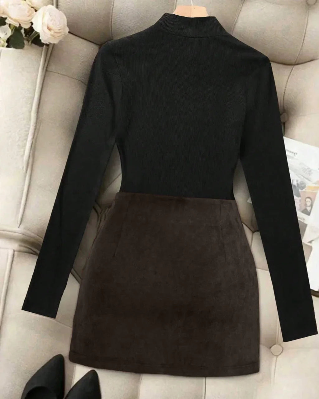 Solid Collar Long Sleeve Fitted Top & Midi Skirt Two-Piece Set