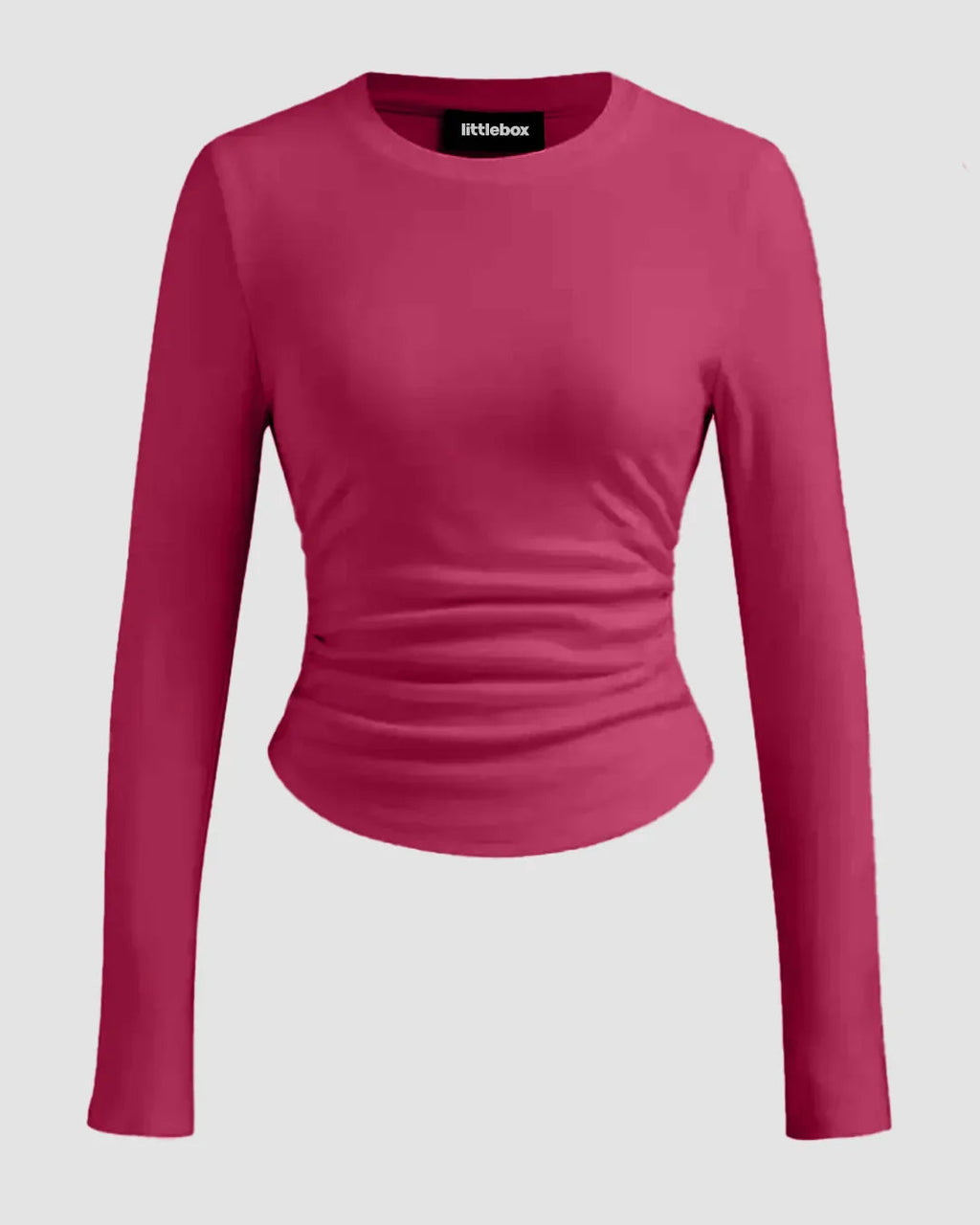 Round Neckline Ruched Long Sleeve Top in Ruby