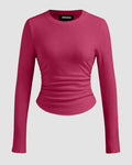 Round Neckline Ruched Long Sleeve Top in Ruby