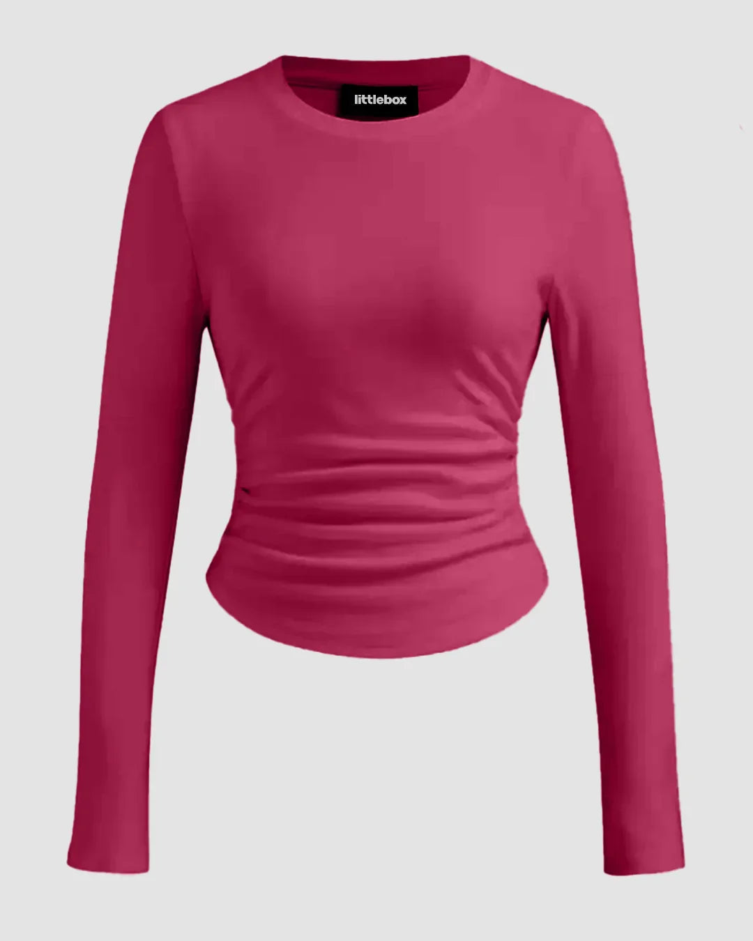 Round Neckline Ruched Long Sleeve Top in Ruby