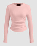 Round Neckline Ruched Long Sleeve Top in Rose