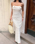 Spaghetti Strap Ruffle-Trim Textured Slim Fit Maxi Dress in Cream