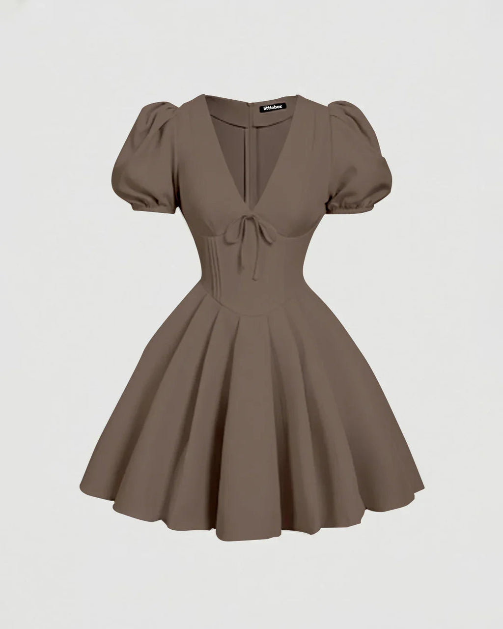 Brown Puff Sleeve V-Neck Bow Boho Fit & Flare Mini Dress