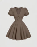 Brown Puff Sleeve V-Neck Bow Boho Fit & Flare Mini Dress