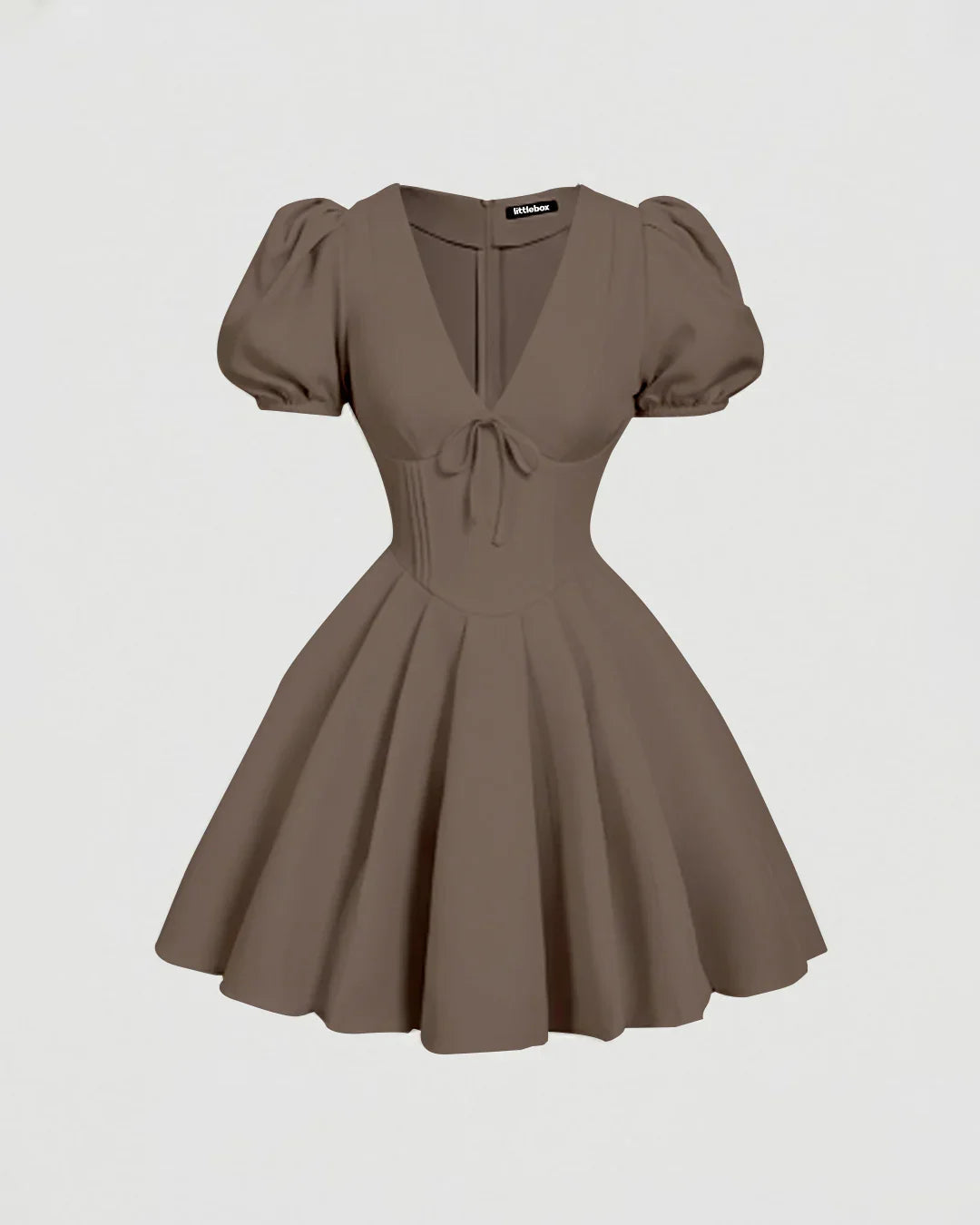 Brown Puff Sleeve V-Neck Bow Boho Fit & Flare Mini Dress