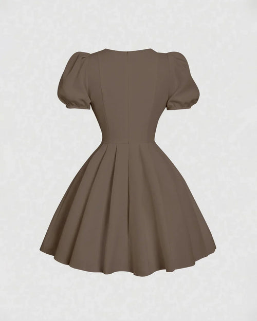 Brown Puff Sleeve V-Neck Bow Boho Fit & Flare Mini Dress