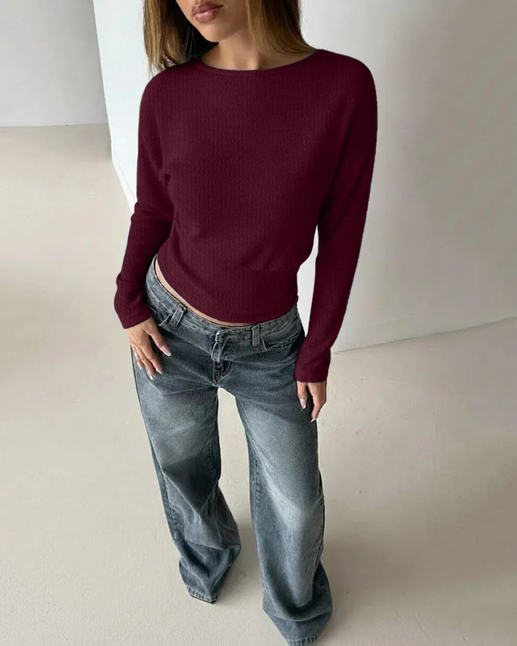 Round Neck Waist-Cinched Slim Fit Straight Hem Solid Long Sleeve Top in Maroon