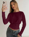 Round Neck Waist-Cinched Slim Fit Straight Hem Solid Long Sleeve Top in Maroon