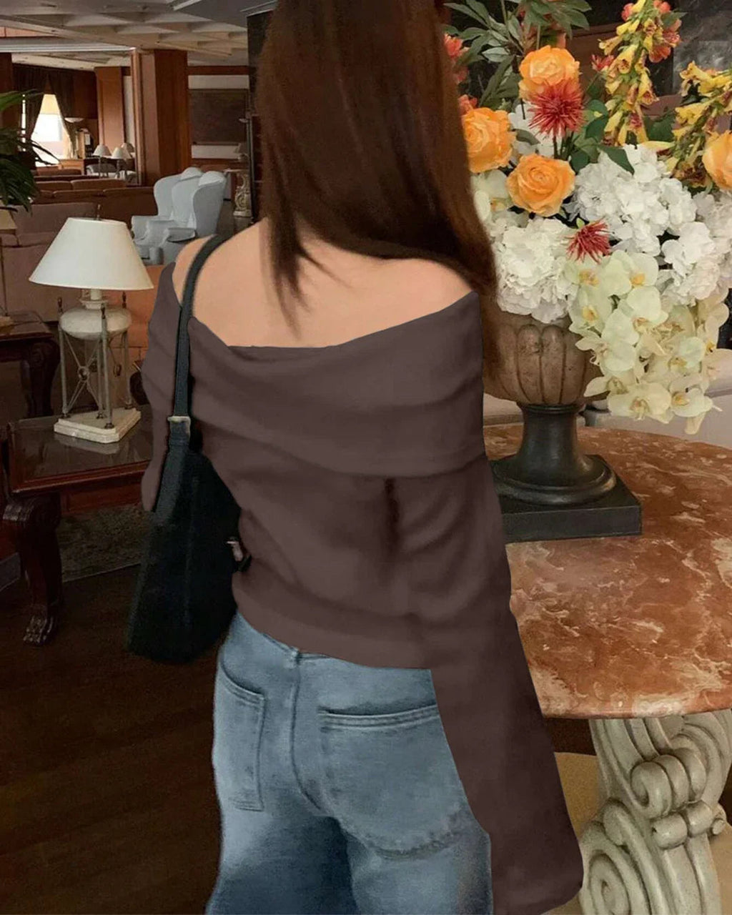 Off-Shoulder Slim-Fit Straight Hem Solid Long Sleeve Cropped Top in Chocolate