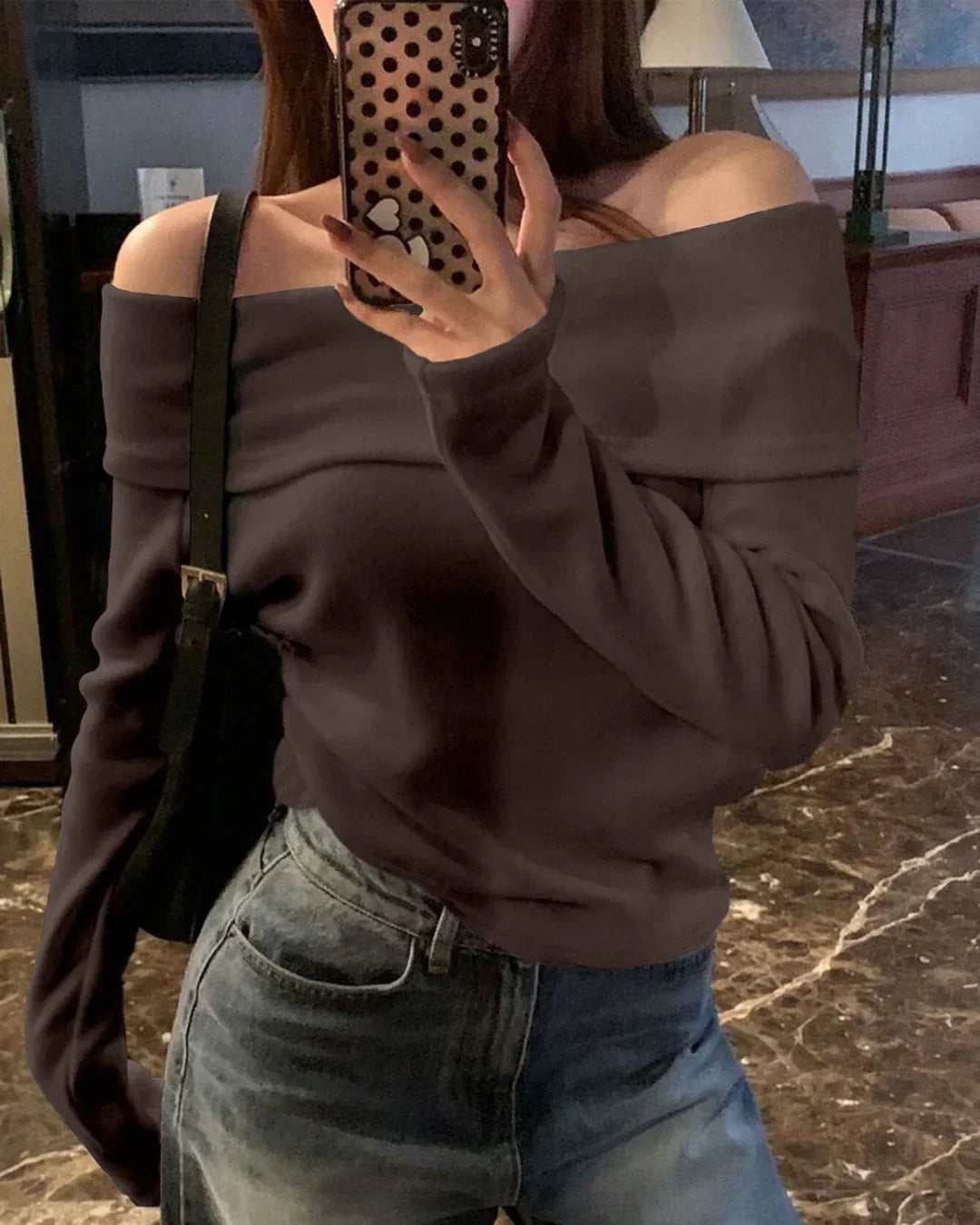 Off-Shoulder Slim-Fit Straight Hem Solid Long Sleeve Cropped Top in Chocolate
