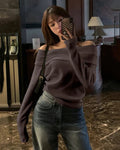 Off-Shoulder Slim-Fit Straight Hem Solid Long Sleeve Cropped Top in Chocolate